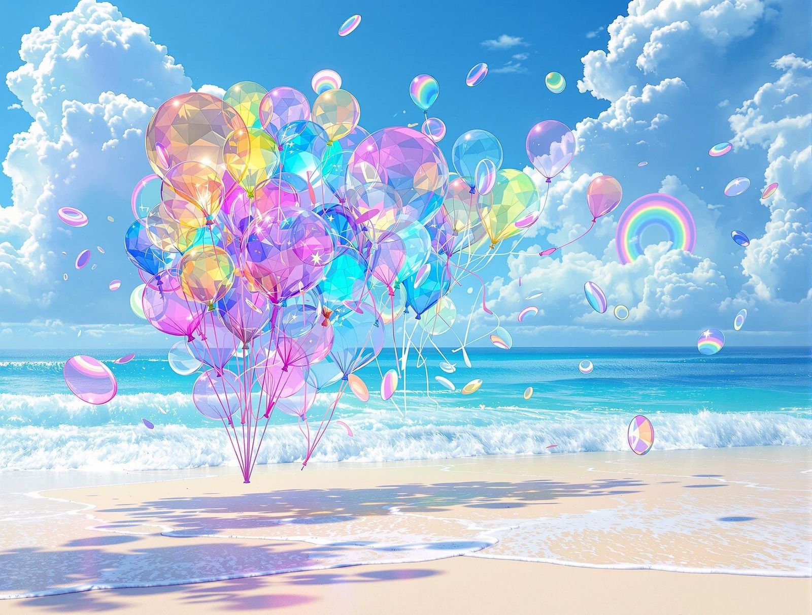 Iridescent Holograms Dance in Futuristic Beach Scene