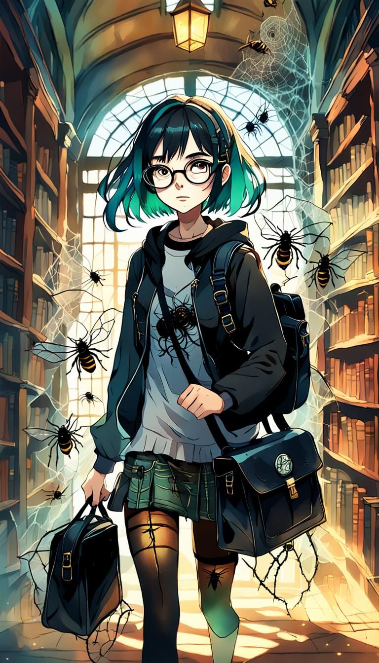 Emo Girl in Old Library: Manga Anime Style Art