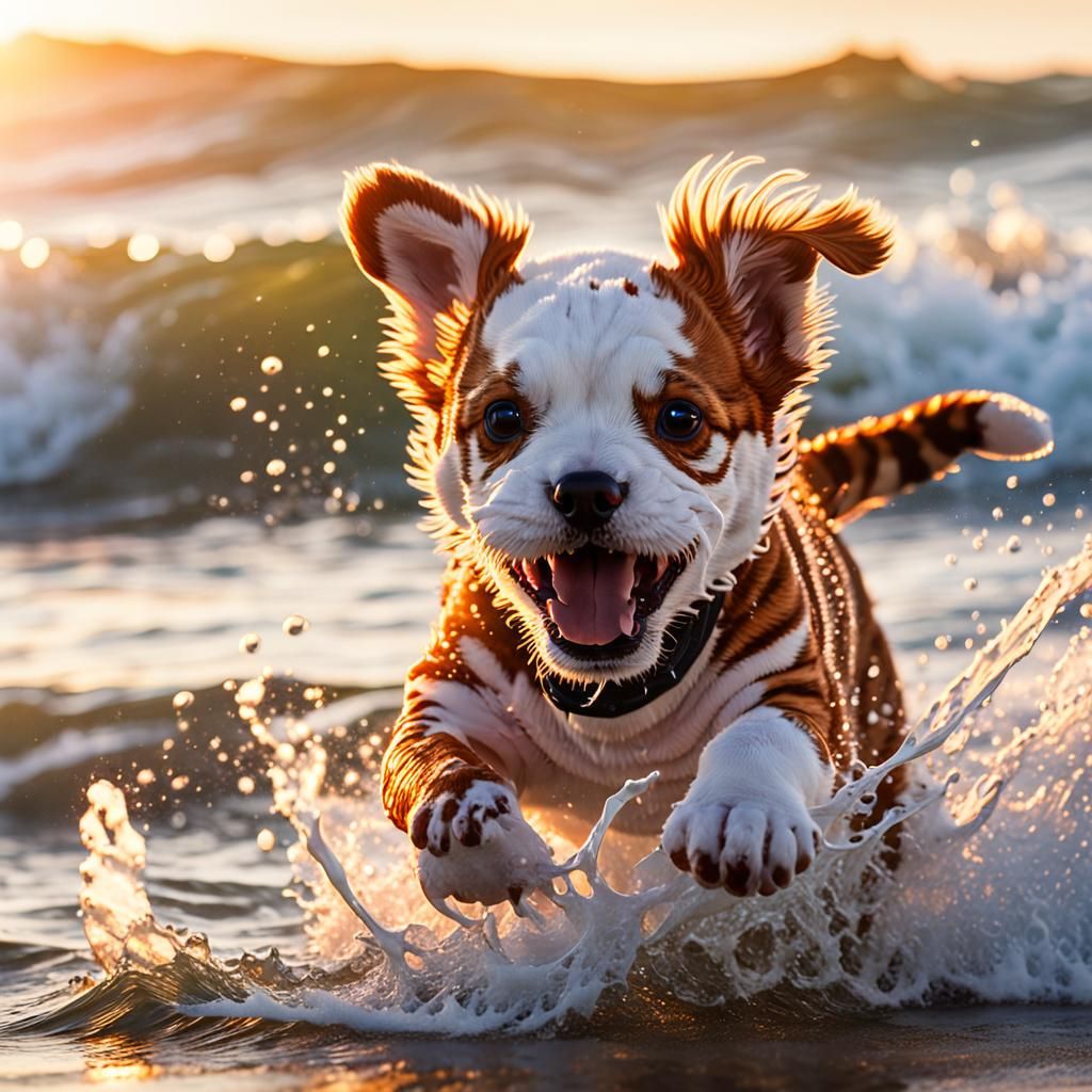 Tiger Bichon Puppy Splashing in Sunset Surf