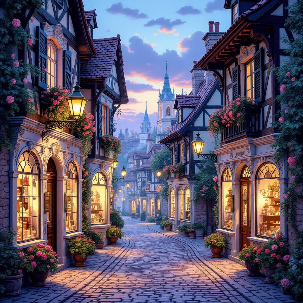 Rococo Alleyway Shops at Twilight, Femme Fantasy Style