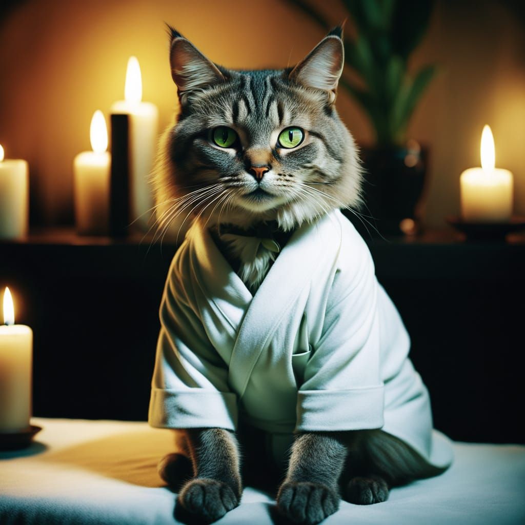 "A charming anthropomorphic cat with sleek olive-green fur, working as a professional masseur. The cat has striking oliv...