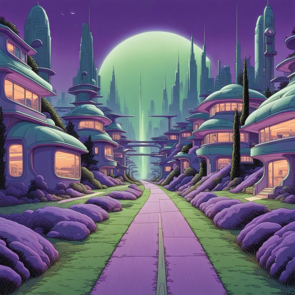 Futuristic Suburb With Neon Road, 3D Render