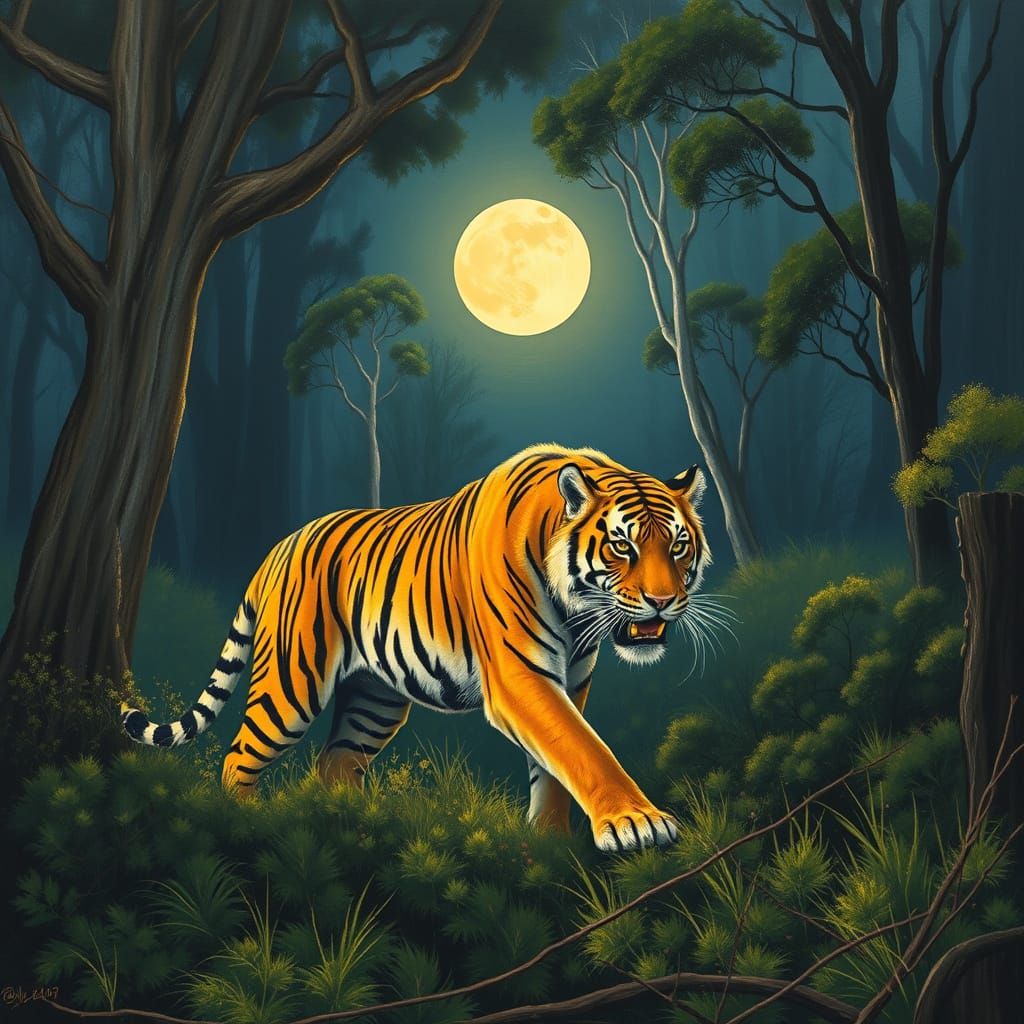 Majestic Tiger Strolls Under Australian Moonlight