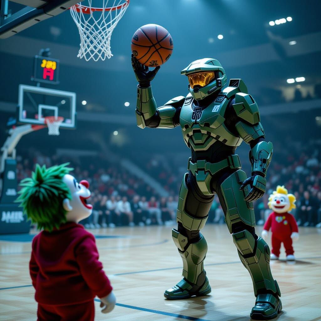 Master Chief Dunks on Joker: Cinematic Film Still