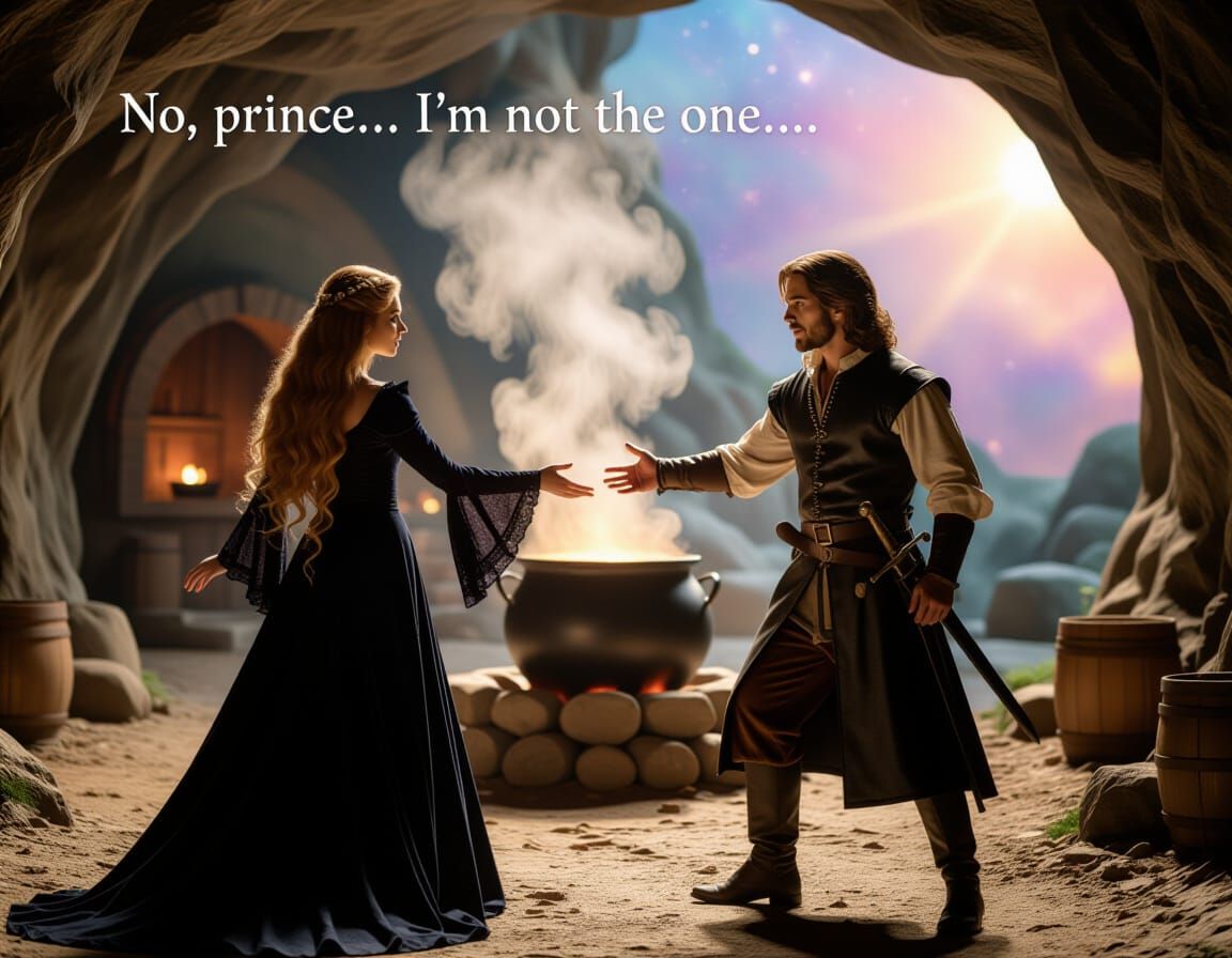 Witch and Prince in Cave with Cauldron - Astral Illustration