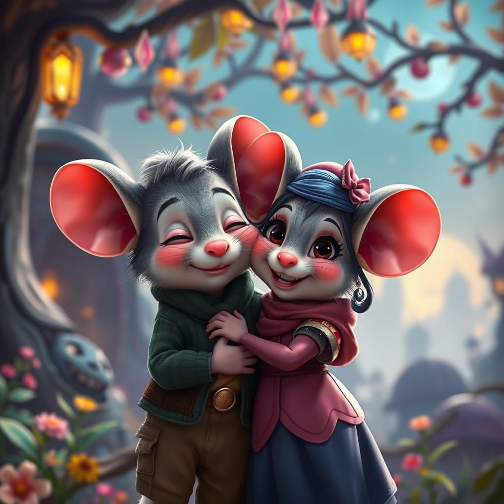 Whimsical Cartoon Mice Couple in Fantasy Background