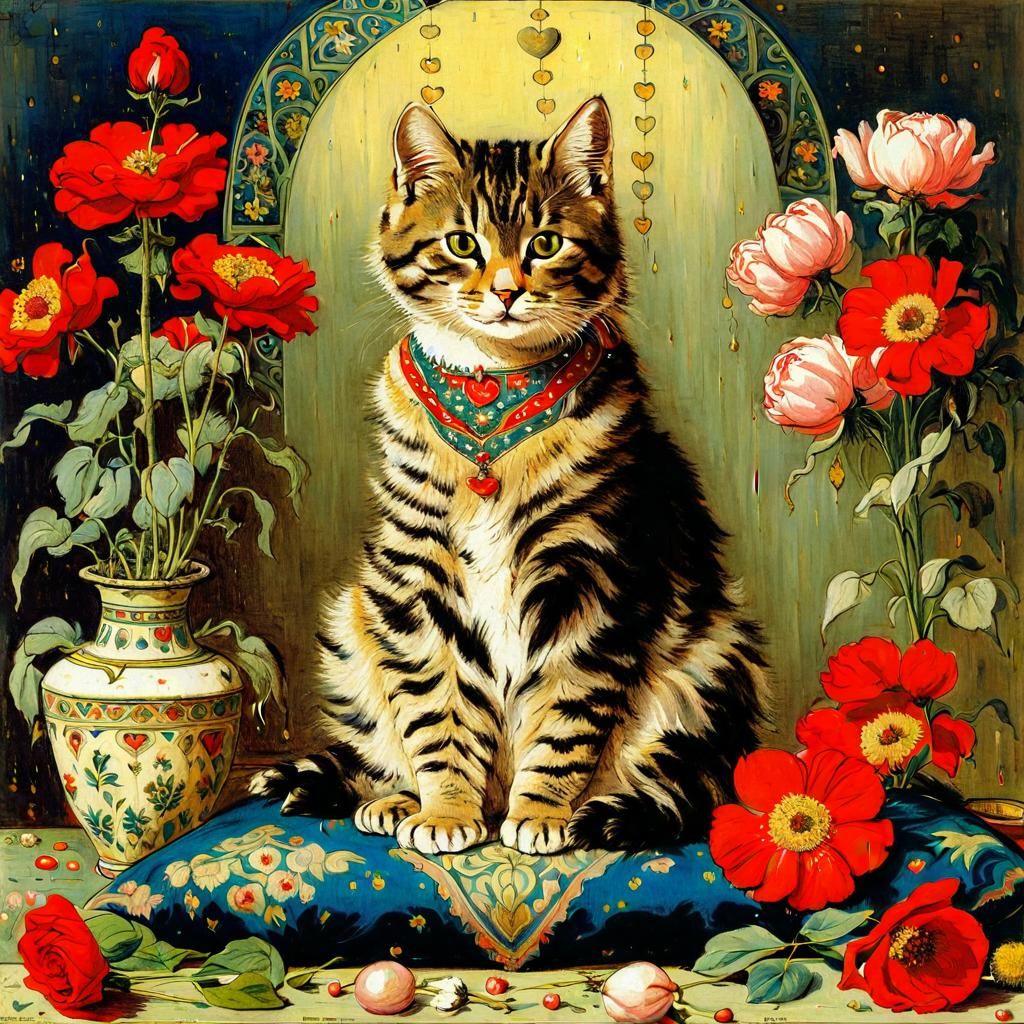 Cat on Pillow Surrounded by Flowers in Academic Style