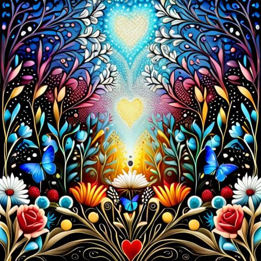 Enchanting Flower Garden in Forest, Mixed Media Art