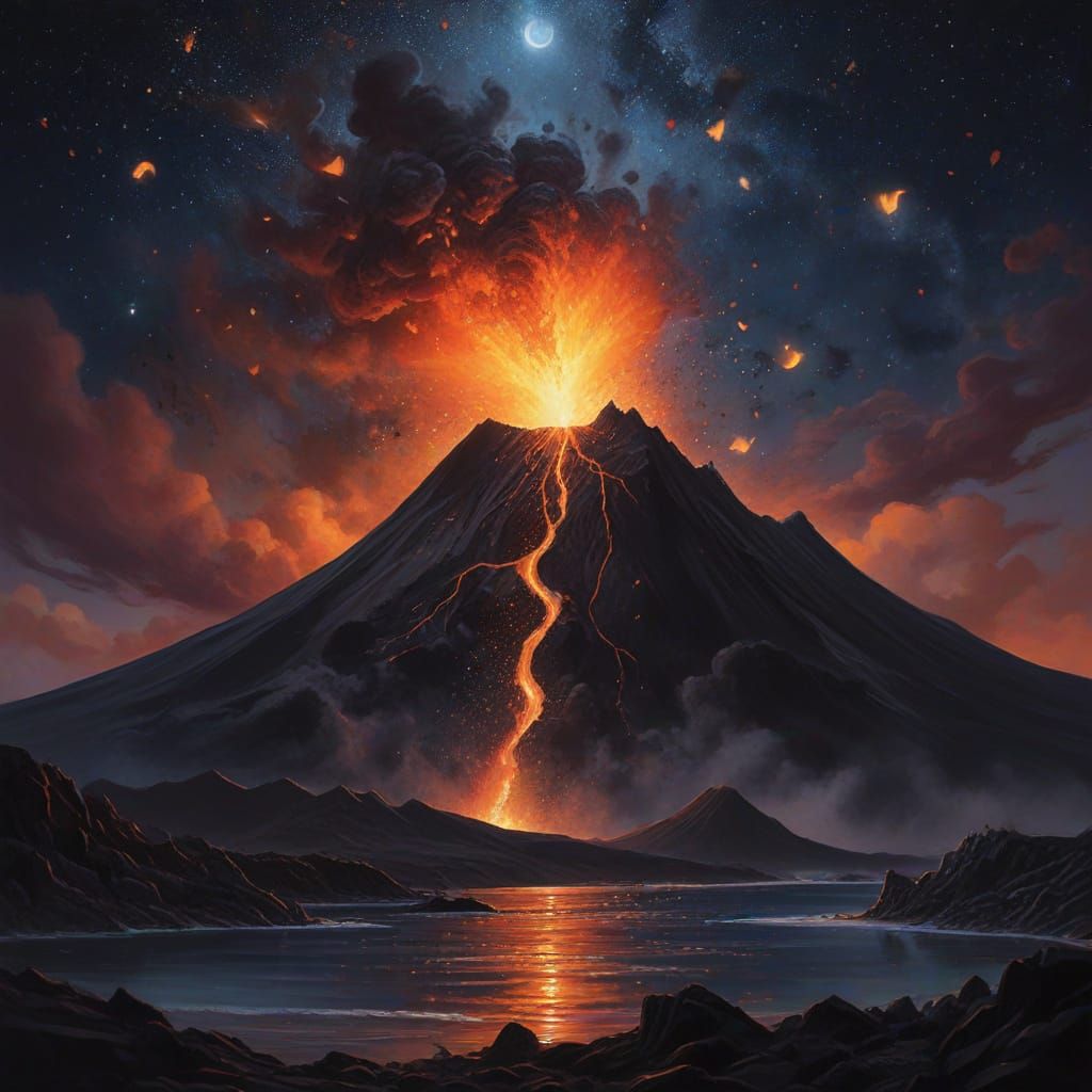 Volcano Erupts Black Hearts Under Starry Sky