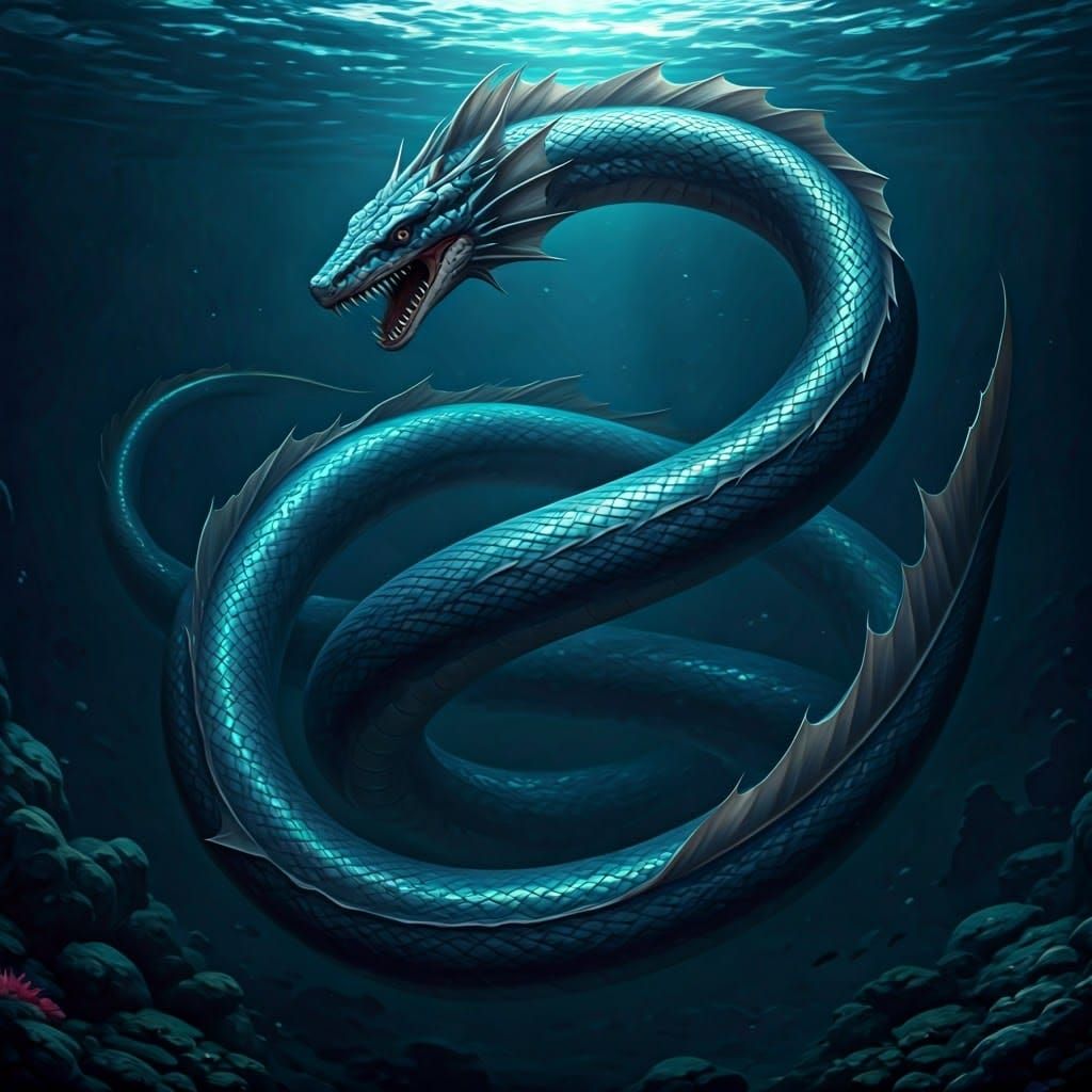 Serpentine Apex Predator Glides Through Dark Ocean Depths in...