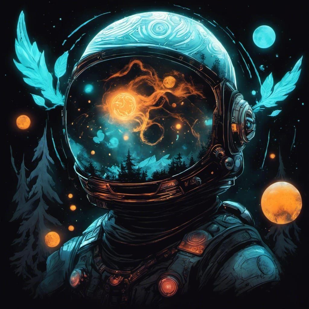 Astronaut Helmet Reflecting Glowing Planet in Fantasy Forest