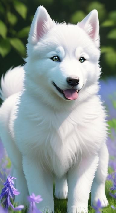 cartoon style, photo-realism, intricate stunning highly detailed fantasy of cute fluffy cheerful white husky puppy runs ...