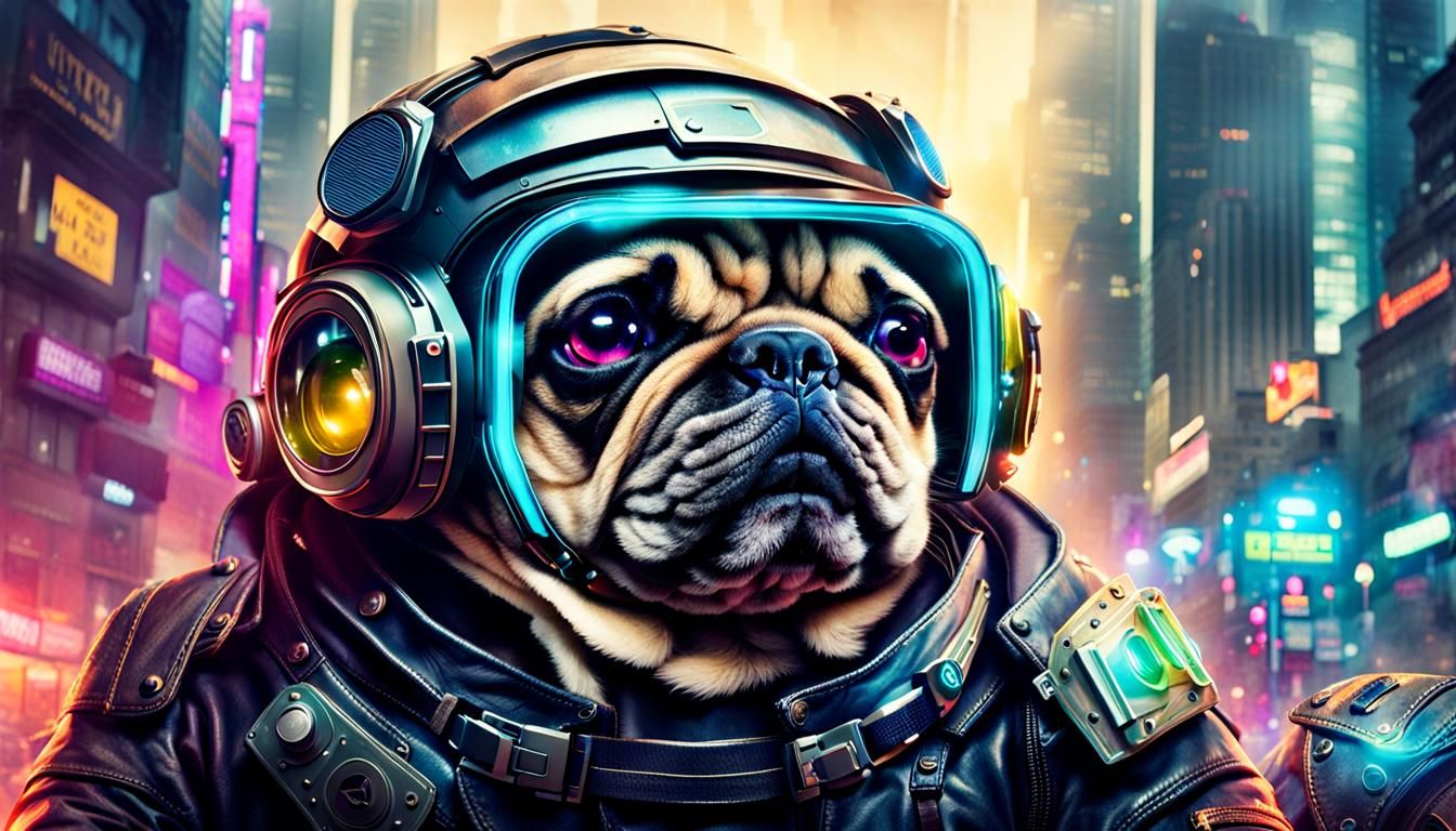 Cyberpunk Pug Wearing a Helmet