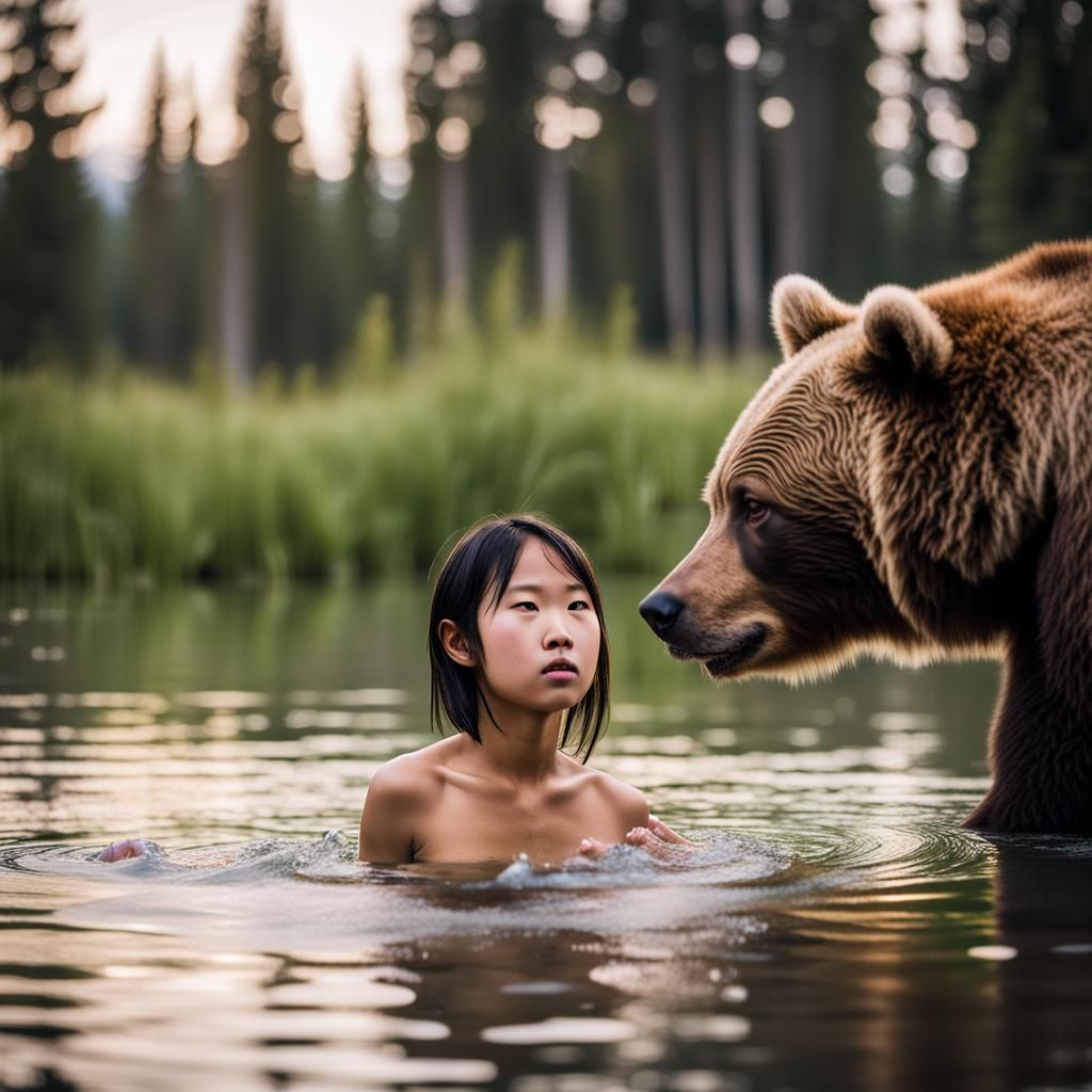 Asian Girl Bathes as Grizzly Bear Watches