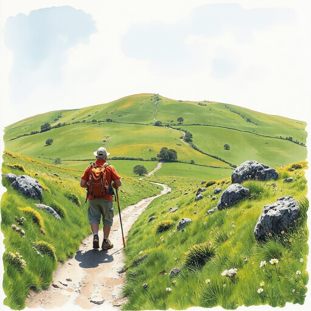 Hiker on the Ridgeway Approaching a Green Hill in a Hyperdet...
