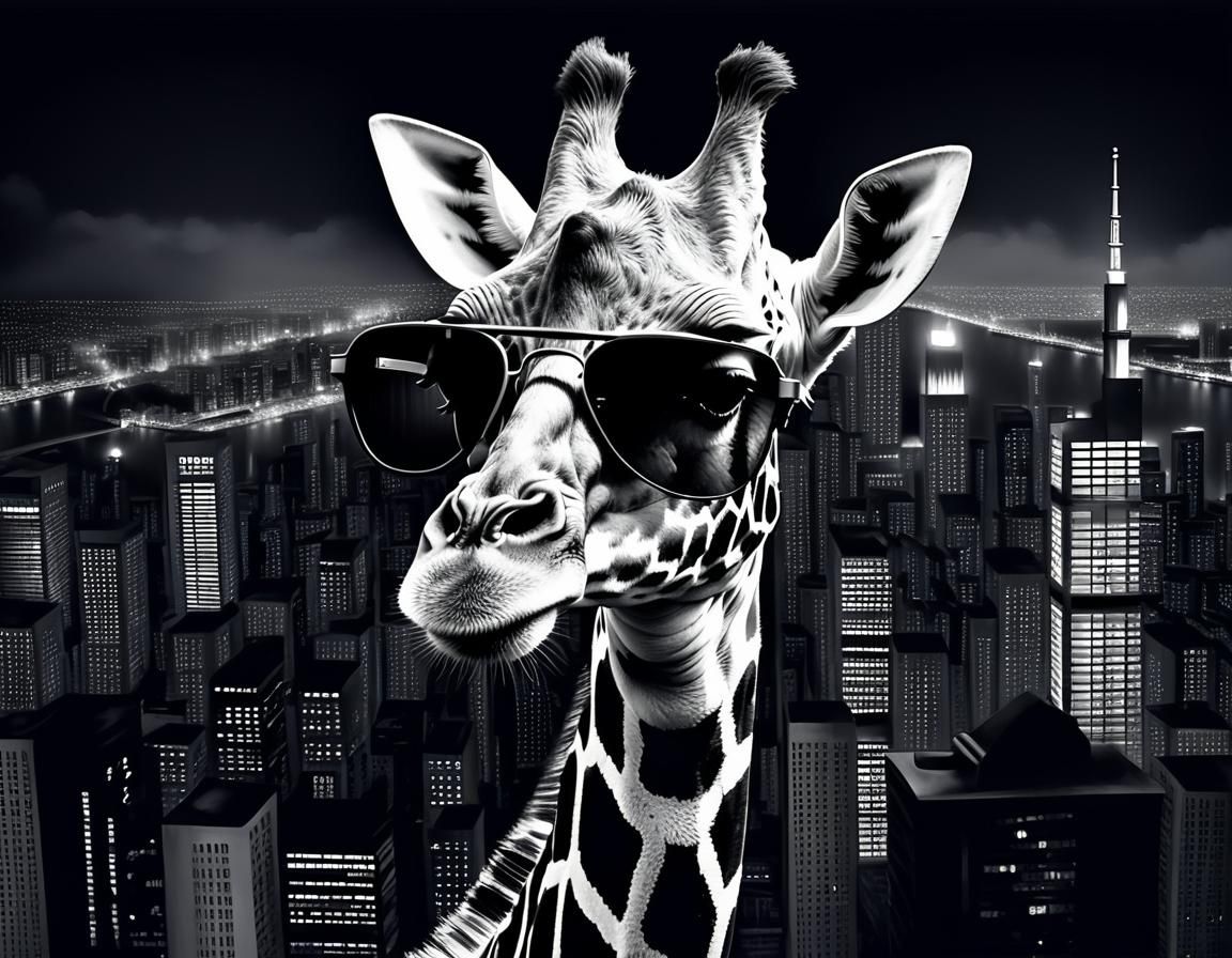 Giraffe in City Lights: A Moody Portrait