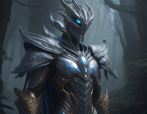 Alien Cyborg in Surreal Dark Forest, Golden Hour