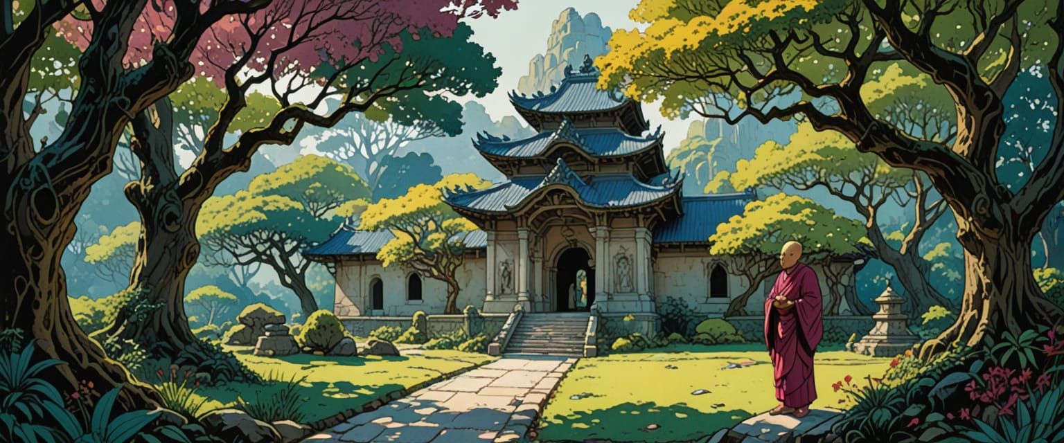 Yoda's Temple in a Lush Rainforest, Watercolor Style