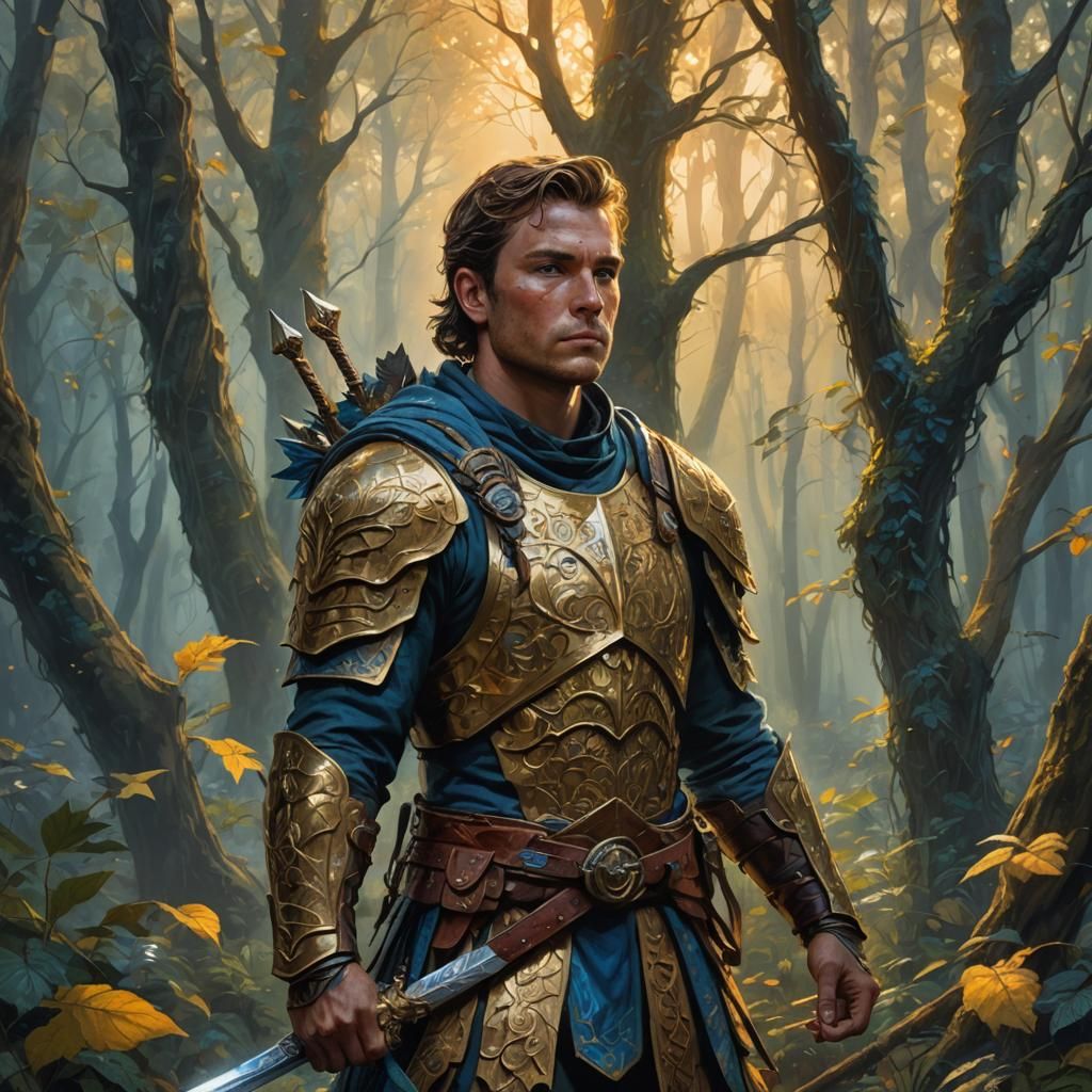 Fantasy Warrior in Mystical Forest, Art Nouveau Oil Painting