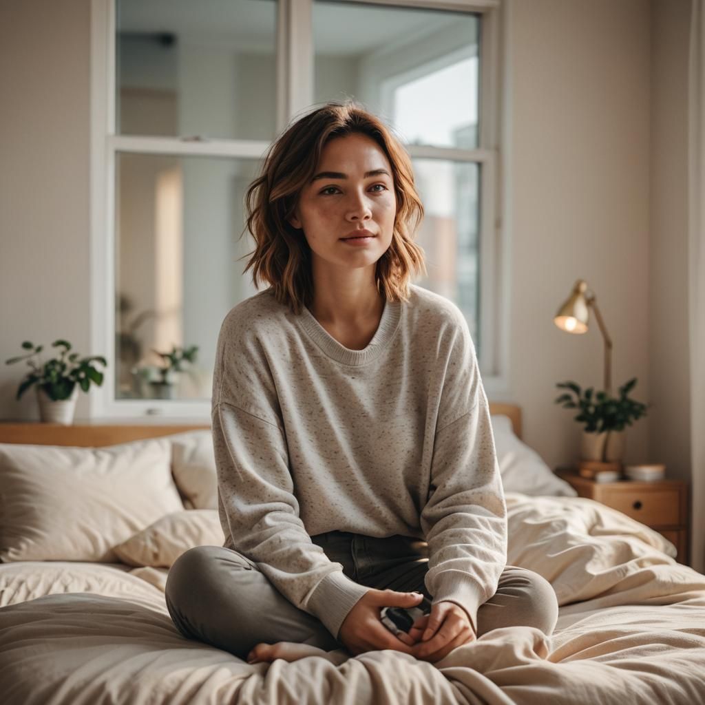 Cozy Woman in Modern Bedroom Interior Photo