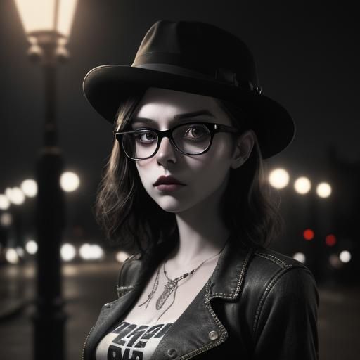 Noir Portrait of Brunette with Fedora and Glasses