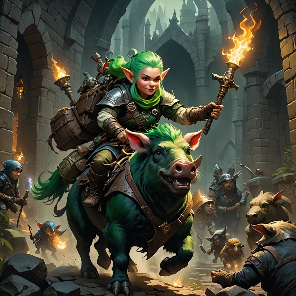 Gnome Ranger Rides a Boar Through Dungeon