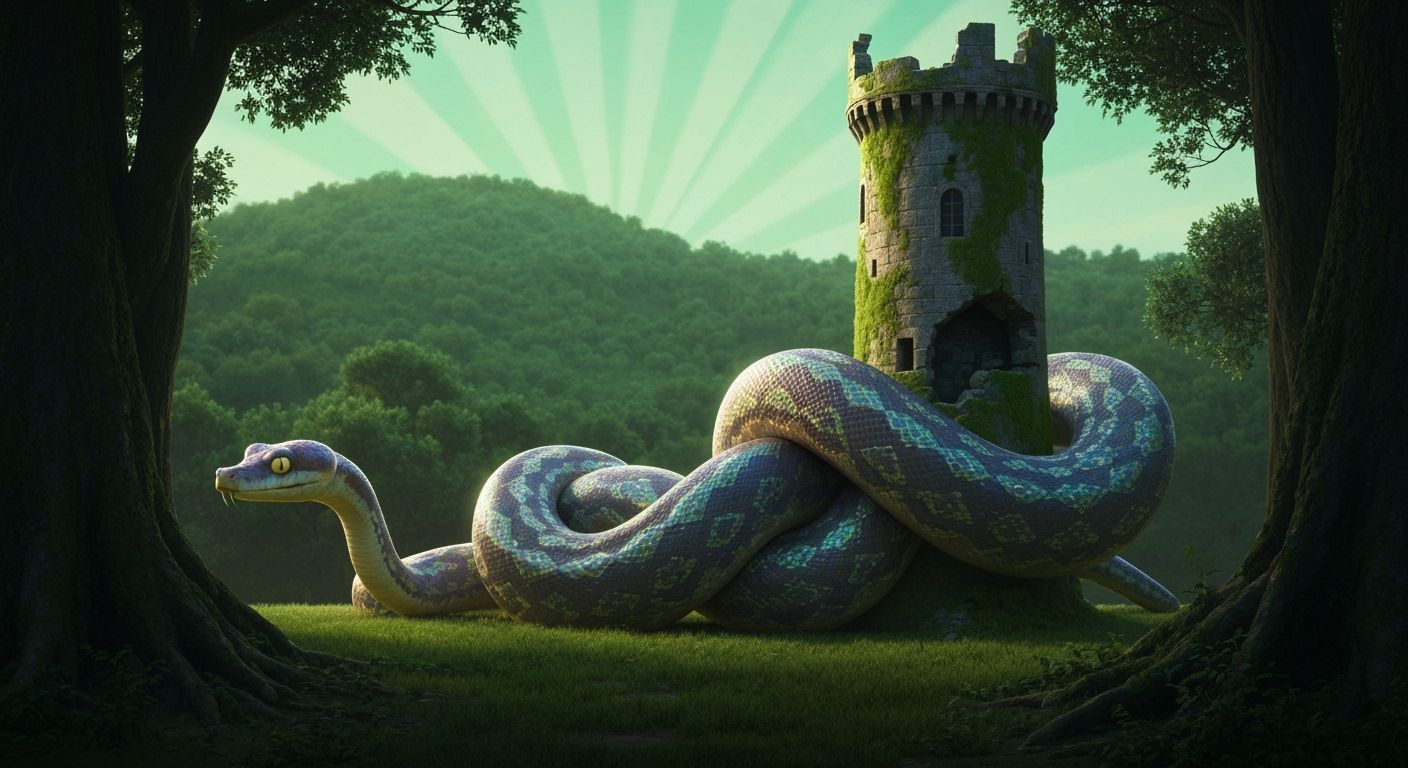 Surprised Python Knotted Around Castle Ruins