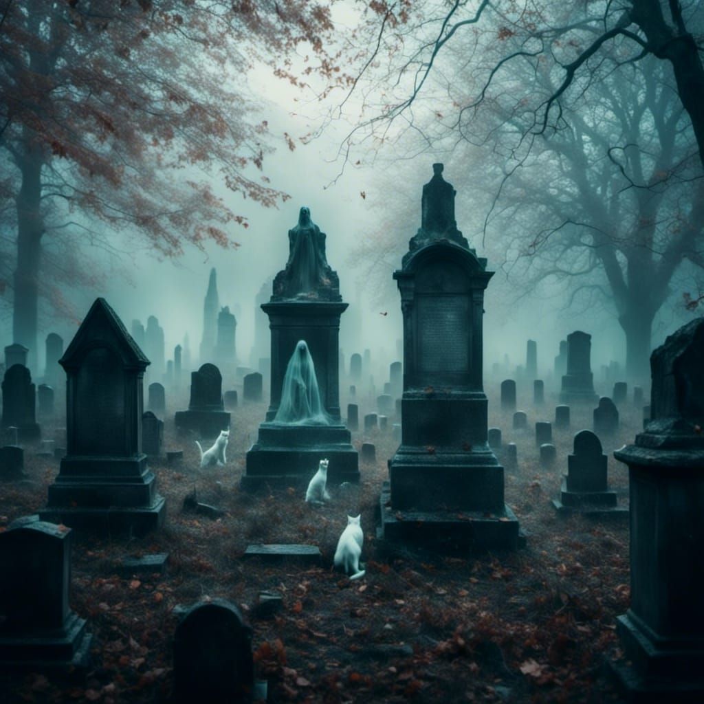 Ghost Cats Emerge in Foggy Graveyard