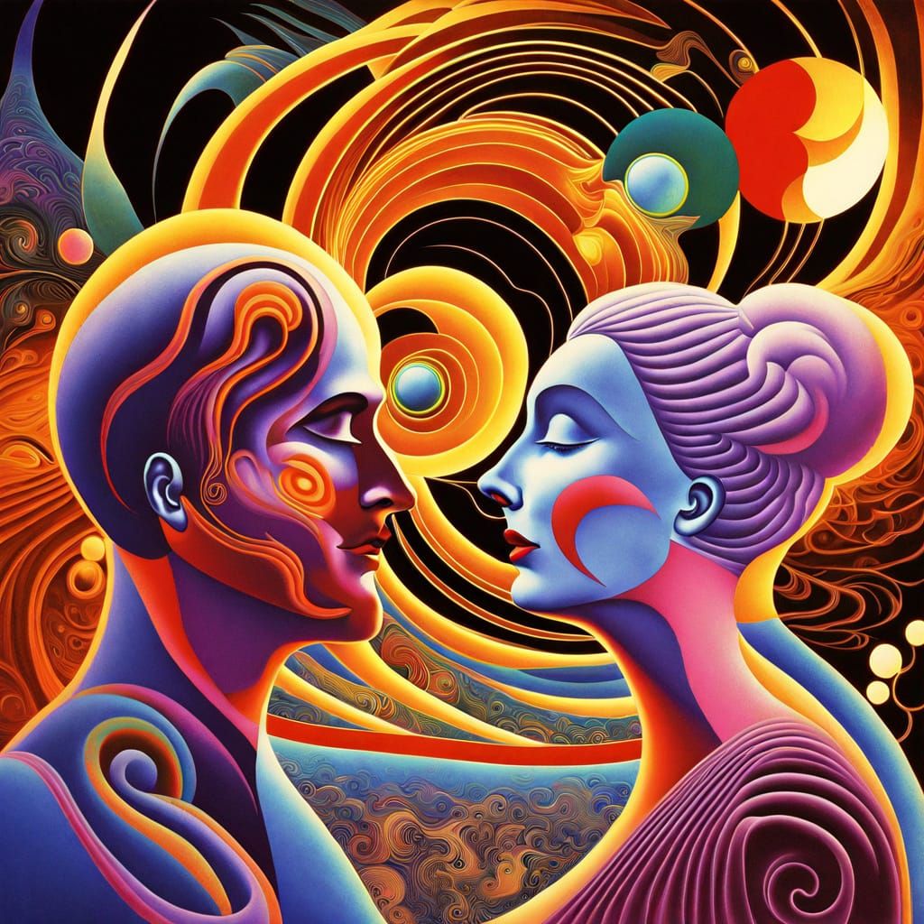 inside out luminescent man and woman kissing dust waves meta...