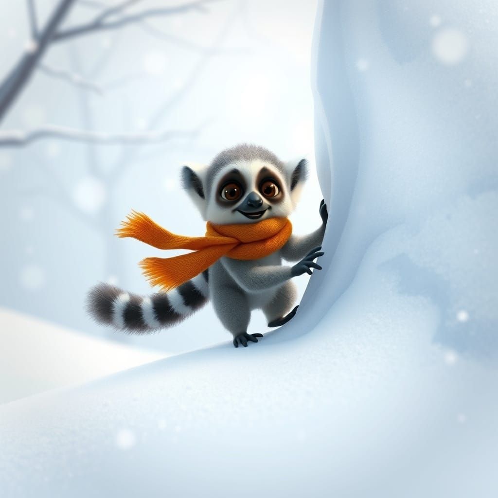 Baby Lemur Frolicking in Winter Blizzard