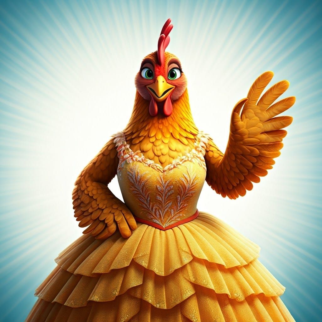 Hen Wears Dress and Waves, 3D Digital Art