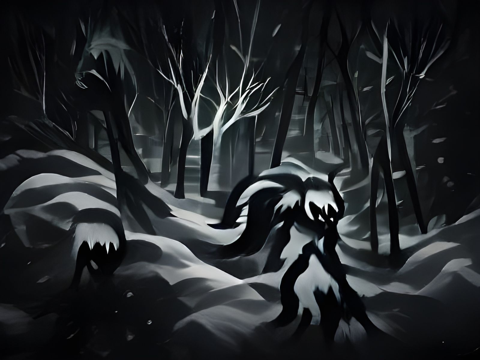 Eerie Shadow Creature in Snowy Forest Landscape