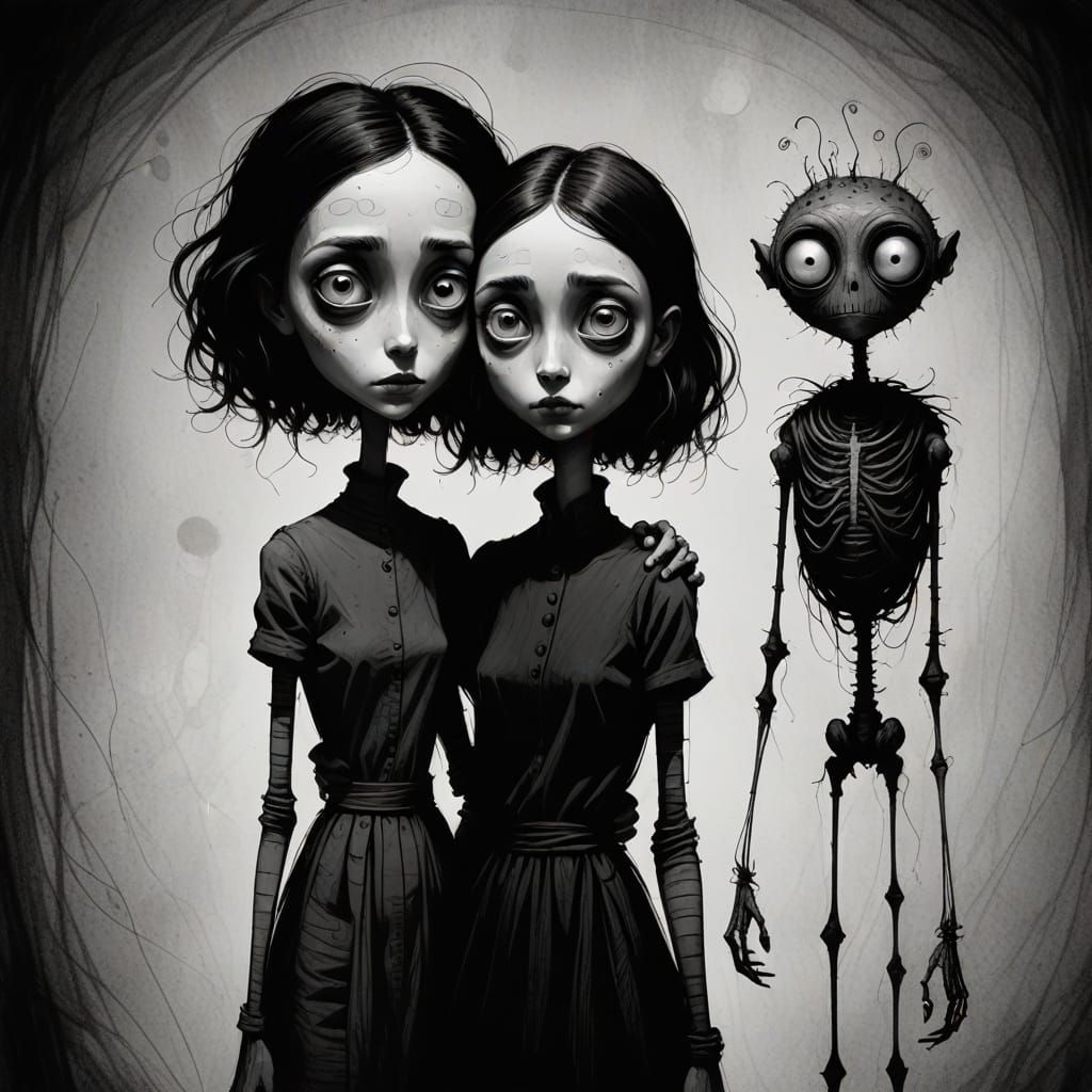 Somber Stick Figure Woman and Creature in Charcoal Sketch St...