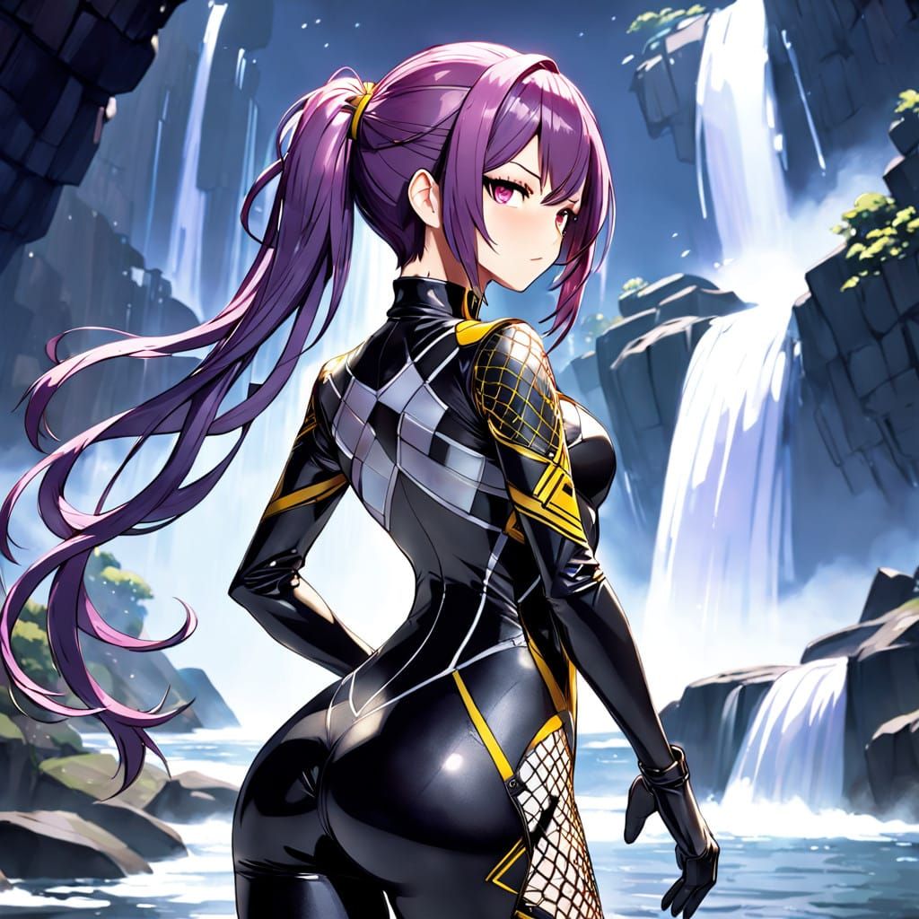 Confident Anime Girl in Leather Jumpsuit