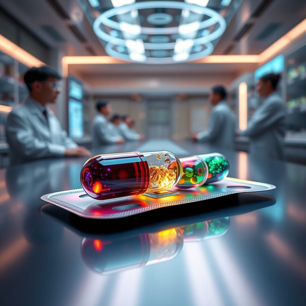 Futuristic Laboratory Capsule Packet with Holographic Interf...