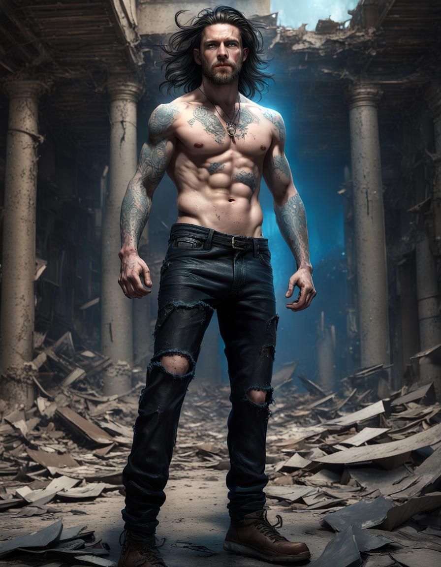 Muscular Man Floating in Ruined City, Digital Art