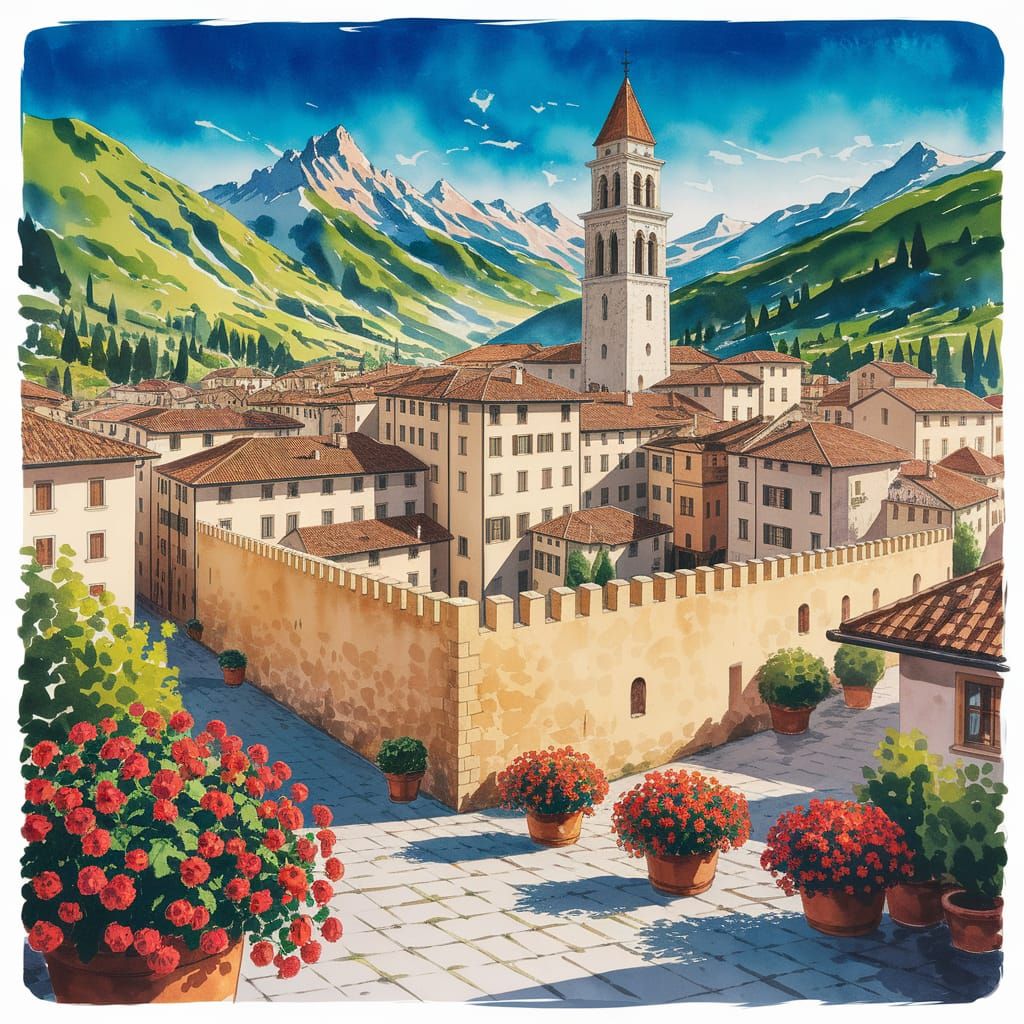 Vibrant Medieval Town in Italy as Watercolour Art