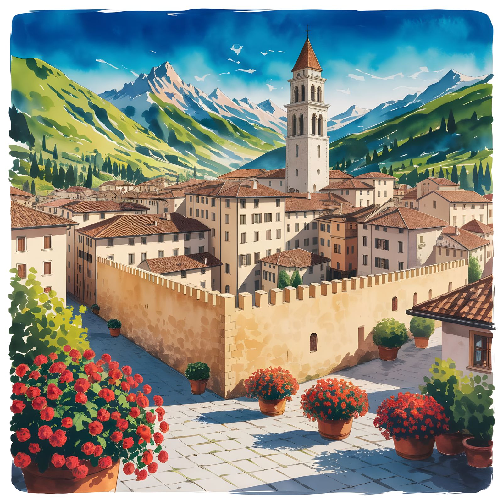 Vibrant Medieval Town in Italy as Watercolour Art