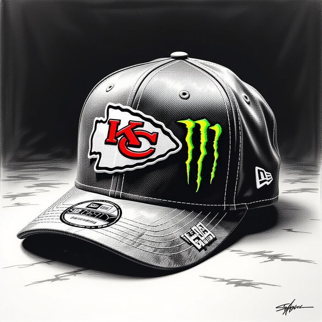 Chiefs and Monster Logos on Flattop Hat, Charcoal Drawing