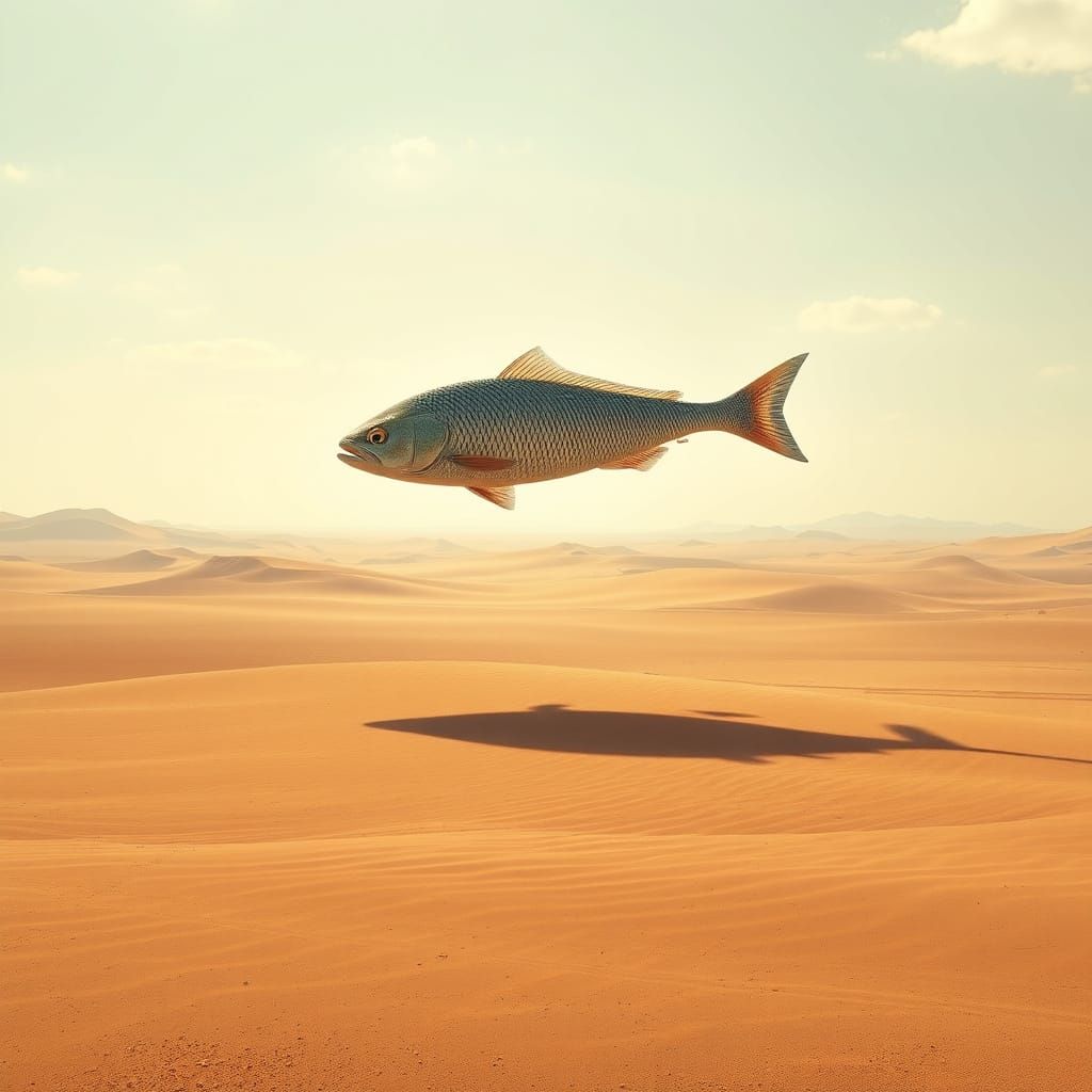 Surreal Desert Fish Floats in Arid Landscape