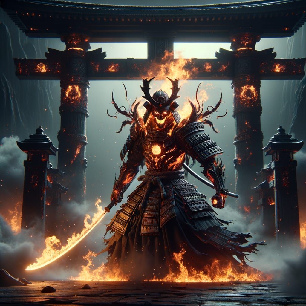 Flaming Samurai Warrior Under Obsidian Gate