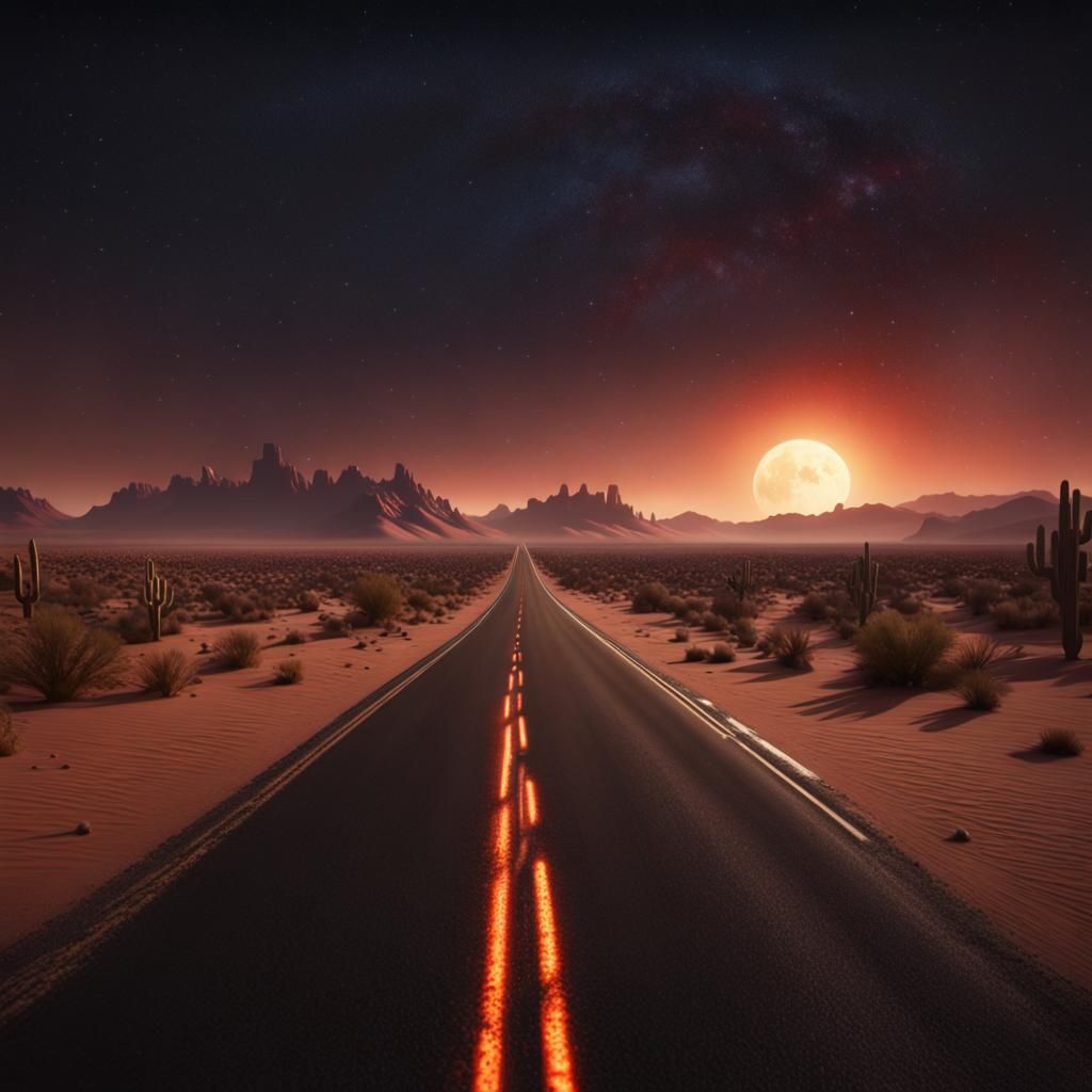 Dark Desert Highway at Night: Matte Painting