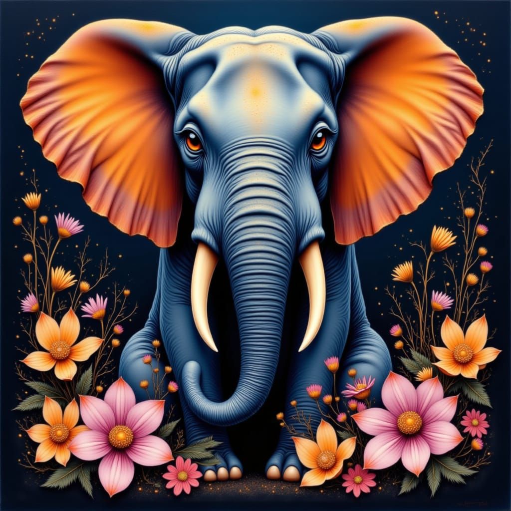 Vibrant Elephant with Floral Accents