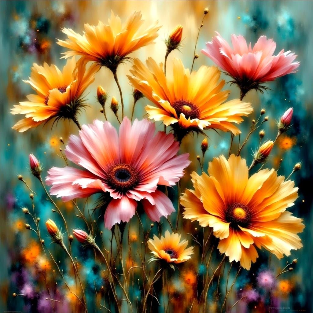 <lora:Impressionist:1.0> Wildflowers infused with mythical energy, molecular textures, iridescent and luminescent scales...