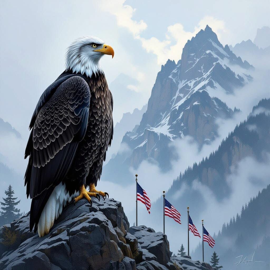 Solemn Eagles Watch Half-Masted Flags from Mountain Peak