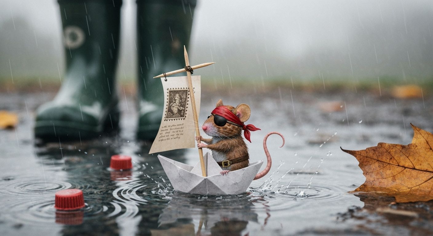 Pirate Mouse Sails Paper Boat in Watercolor Style