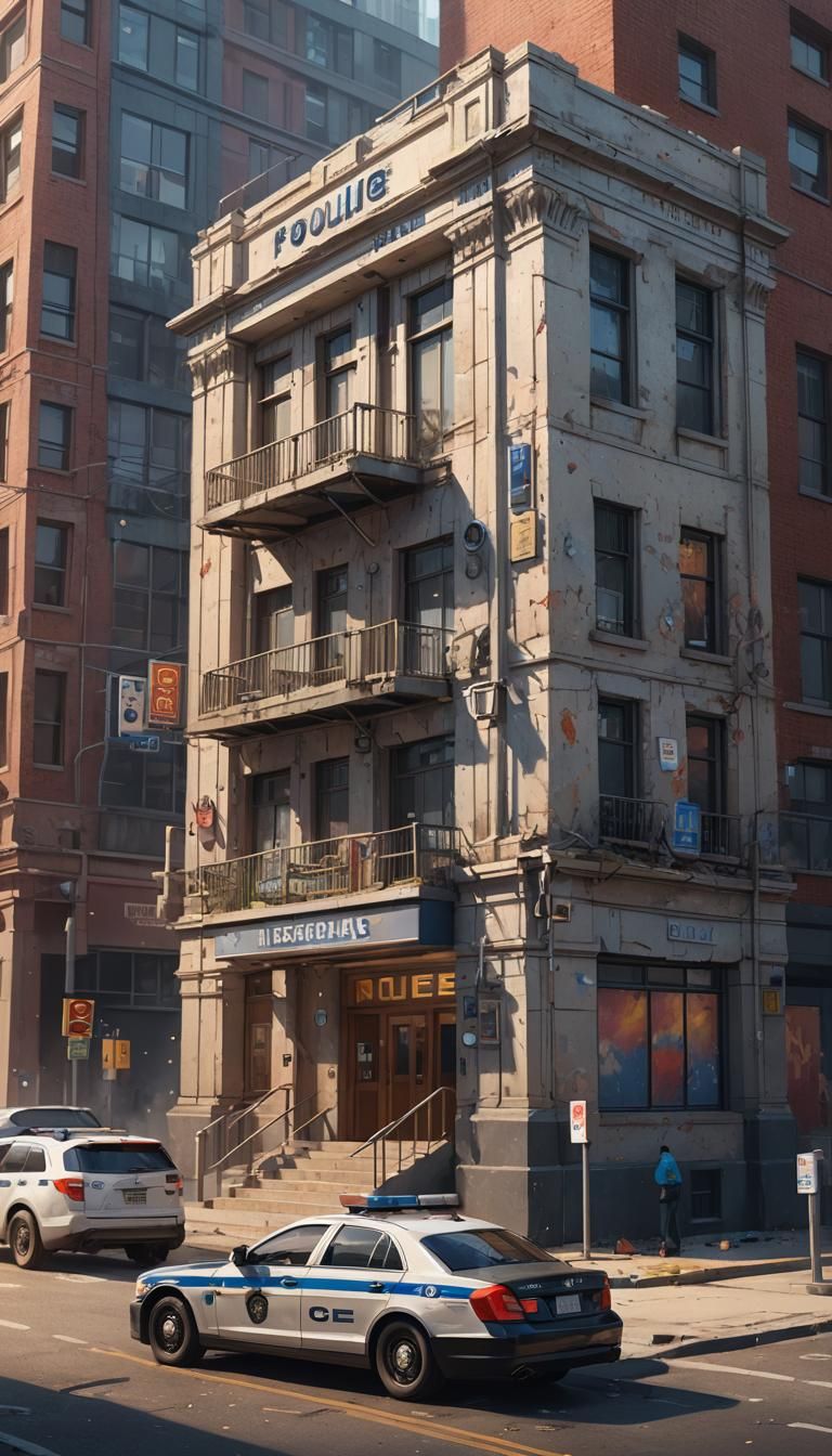 Hyperrealistic Police Station Concept Art with Splash Effect...