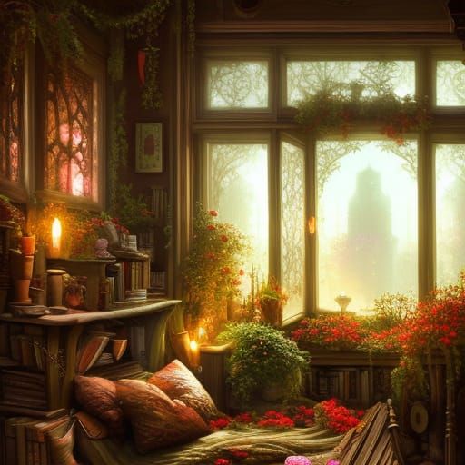 Cozy Sunlit Room with Fireplace and Cat, Hyperdetailed