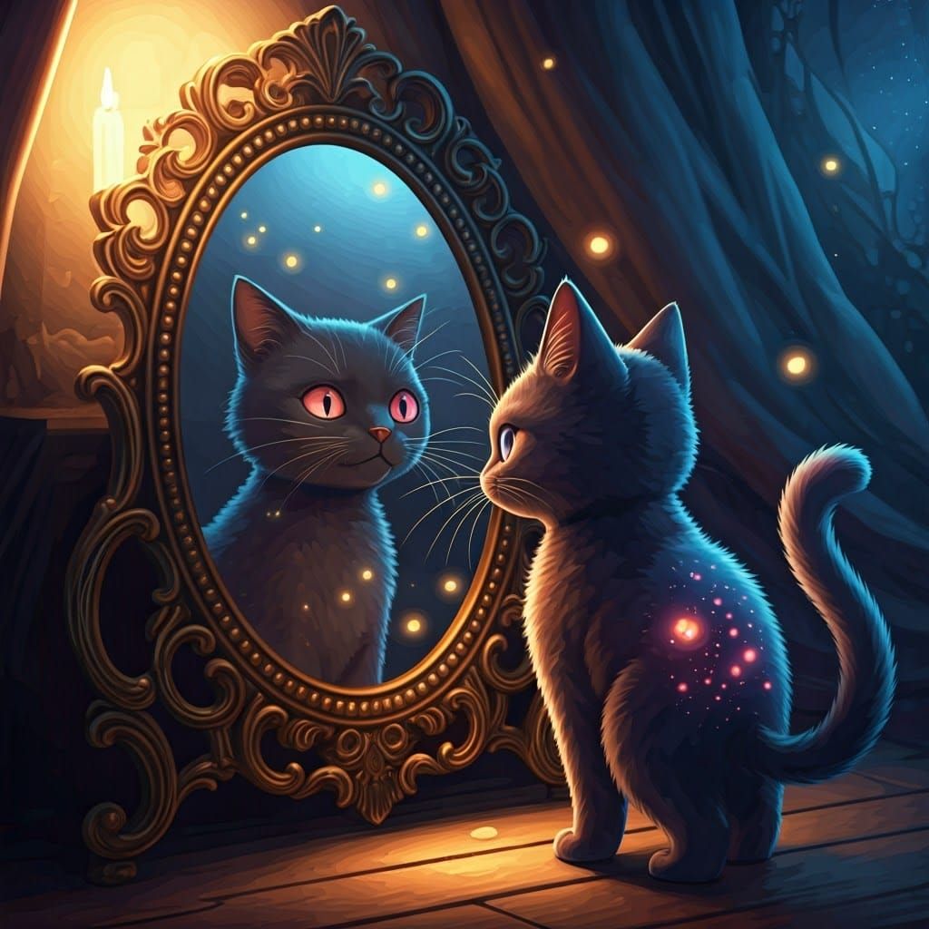 Mystical Cat Stares into Mirror Reflecting Panther