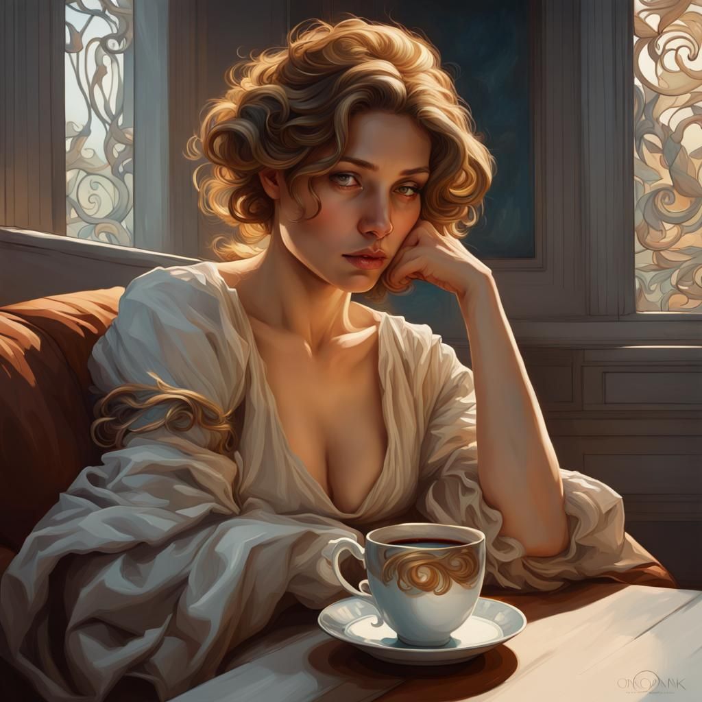 Sad Woman with Coffee: Renaissance Painting